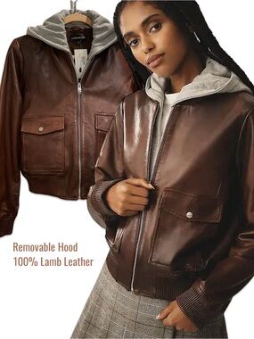 Lamarque Candace Hooded Leather Bomber Jacket - Chocolate Brown Size Medium New
